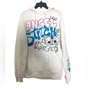 Disney Angel and Stitch Forever Ohana Means Family Hoodie White Pink Blue Medium